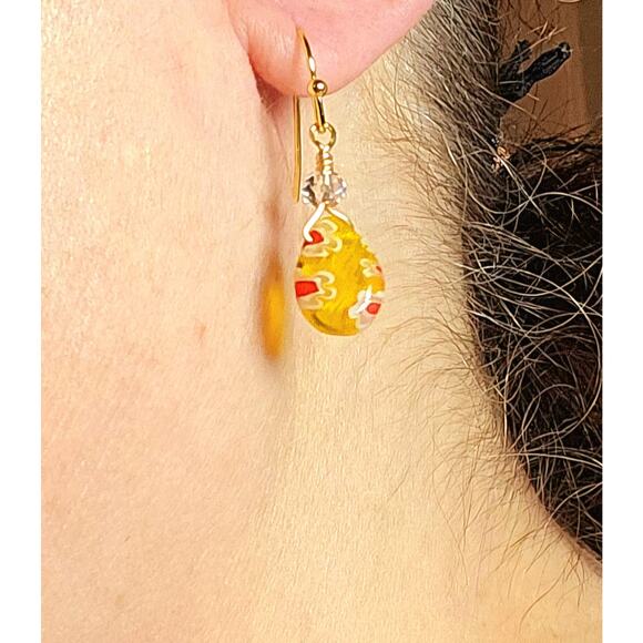 Yellow Millefiori Earrings Flowers Resin Drop Hook 14K Gold Filled Boho Bohemian - Picture 1 of 7